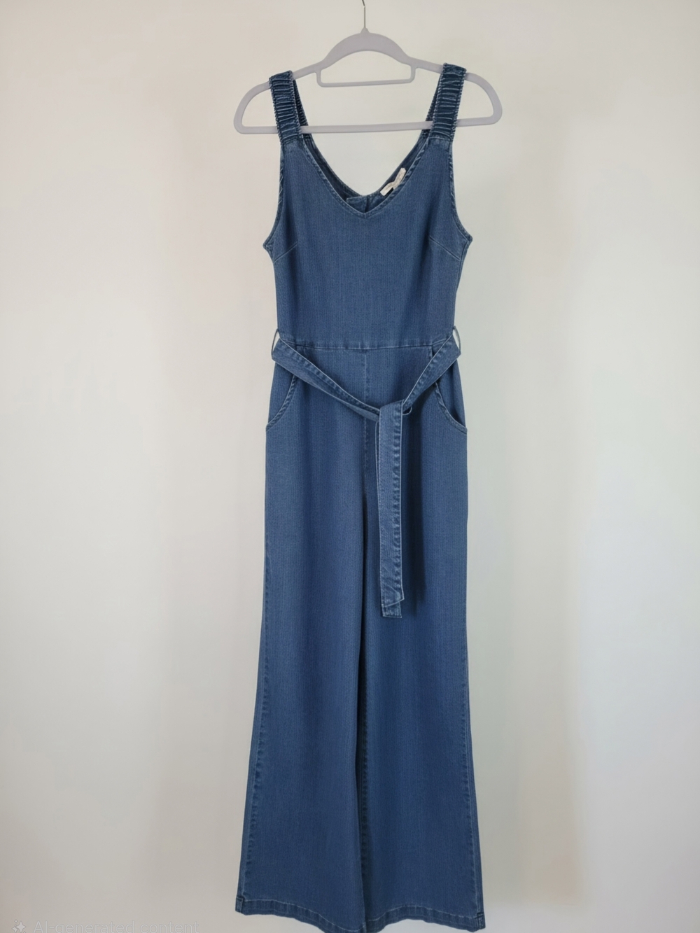 Copper Key Medium Blue Denim Wide-Leg Jumpsuit with Waist Tie